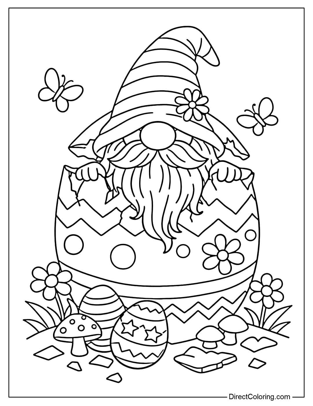 A coloring page of a gnome emerging from a cracked Easter egg with simple details.