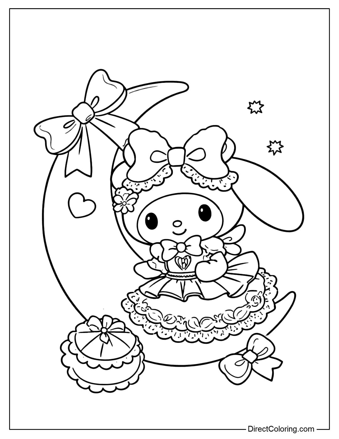 My Melody is a cute princess sitting on the moon, wearing a flared dress decorated with bows and flowers.