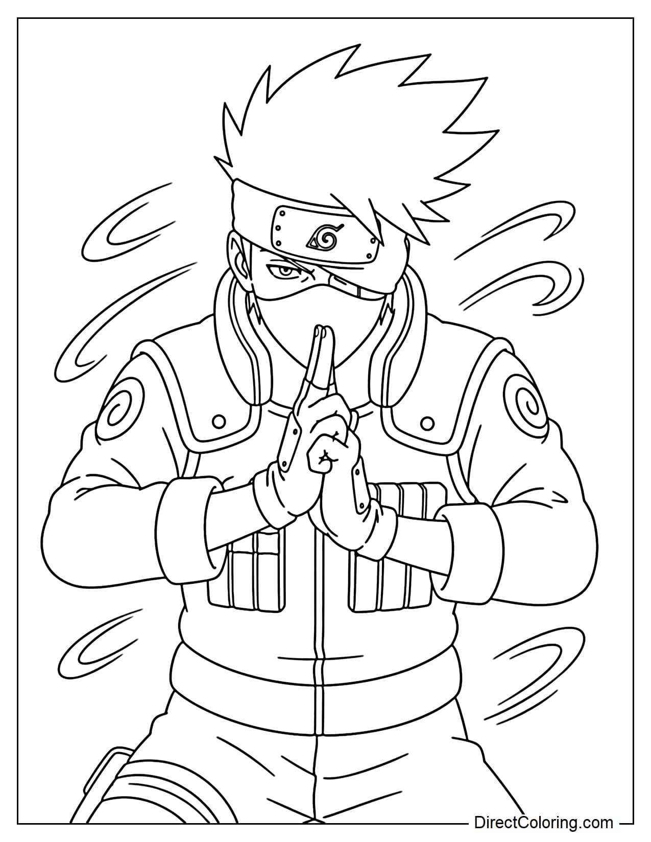 Kakashi creates a simple ninja hand sign, his eyes focused, with a few gusts of wind around him.