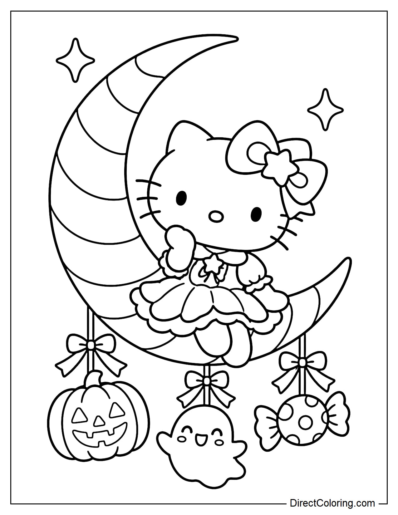 Hello Kitty wears a dress with a petal-shaped collar and sits on a giant crescent moon decorated with wide, curved stripes. Three Halloween ornaments hang below on ribbons: a pumpkin, a round little ghost, and a piece of candy. Two four-pointed stars float nearby.