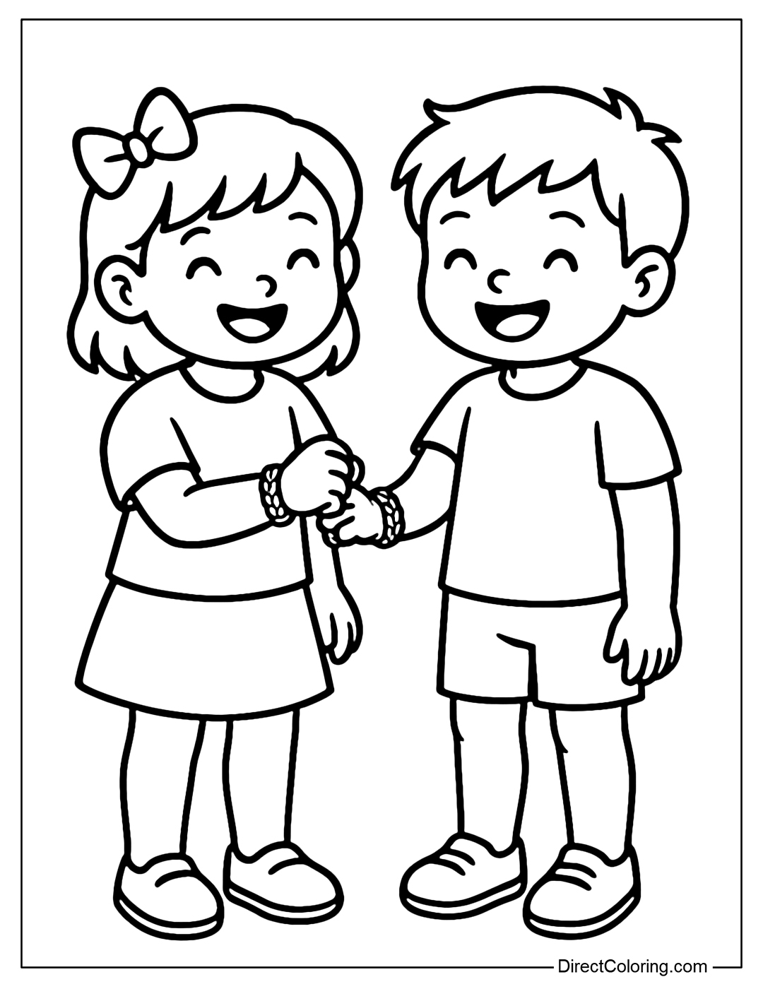 Coloring page of two friends showing off matching friendship bracelets.