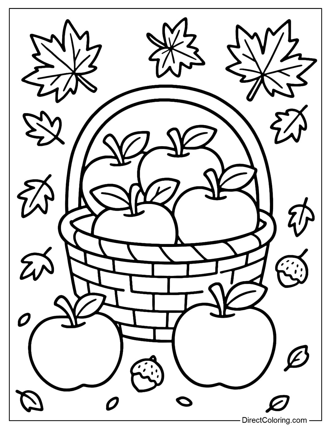 Apple Basket Fall Coloring Page A basket of apples coloring page with a few apples falling out and a maple leaf and chestnut background.