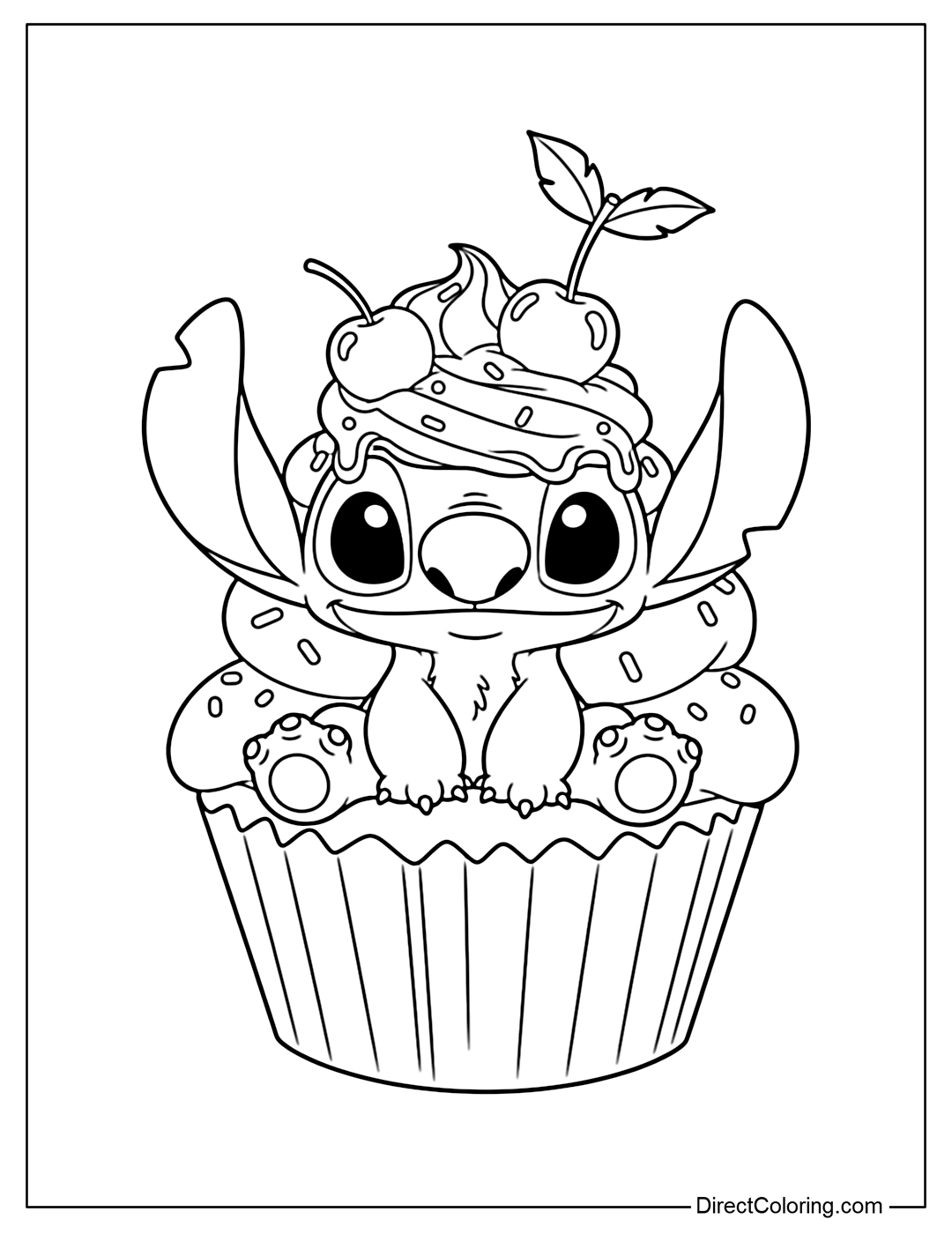 Stitch coloring page sitting in a giant cupcake, with sweet cherries and cream on top.