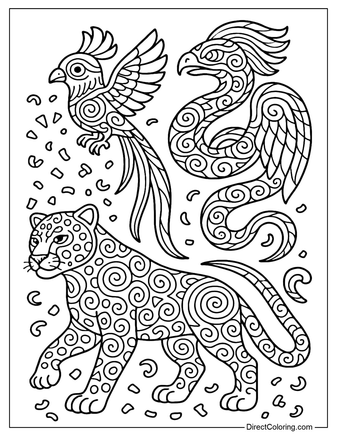 Coloring page of mythical animals: jaguar, quetzal bird, snake, drawn in a decorative style.