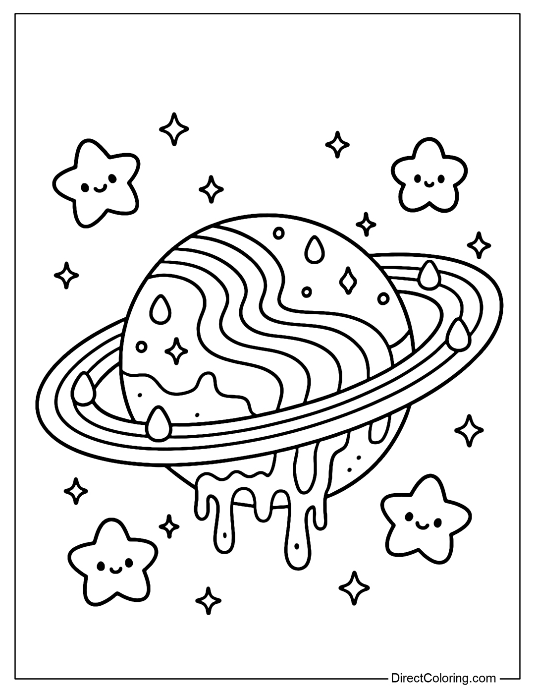 A planet coloring page with a rainbow candy river winding around, the water overflowing to form a bright rainbow belt. Cotton candy stars float outside the orbit.
