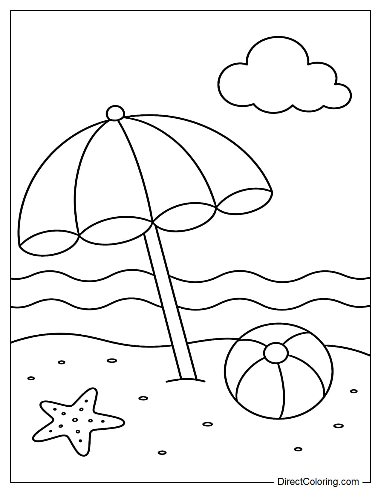 A simple beach scene with a large sun umbrella, a few ocean waves, and a round cloud in the sky.