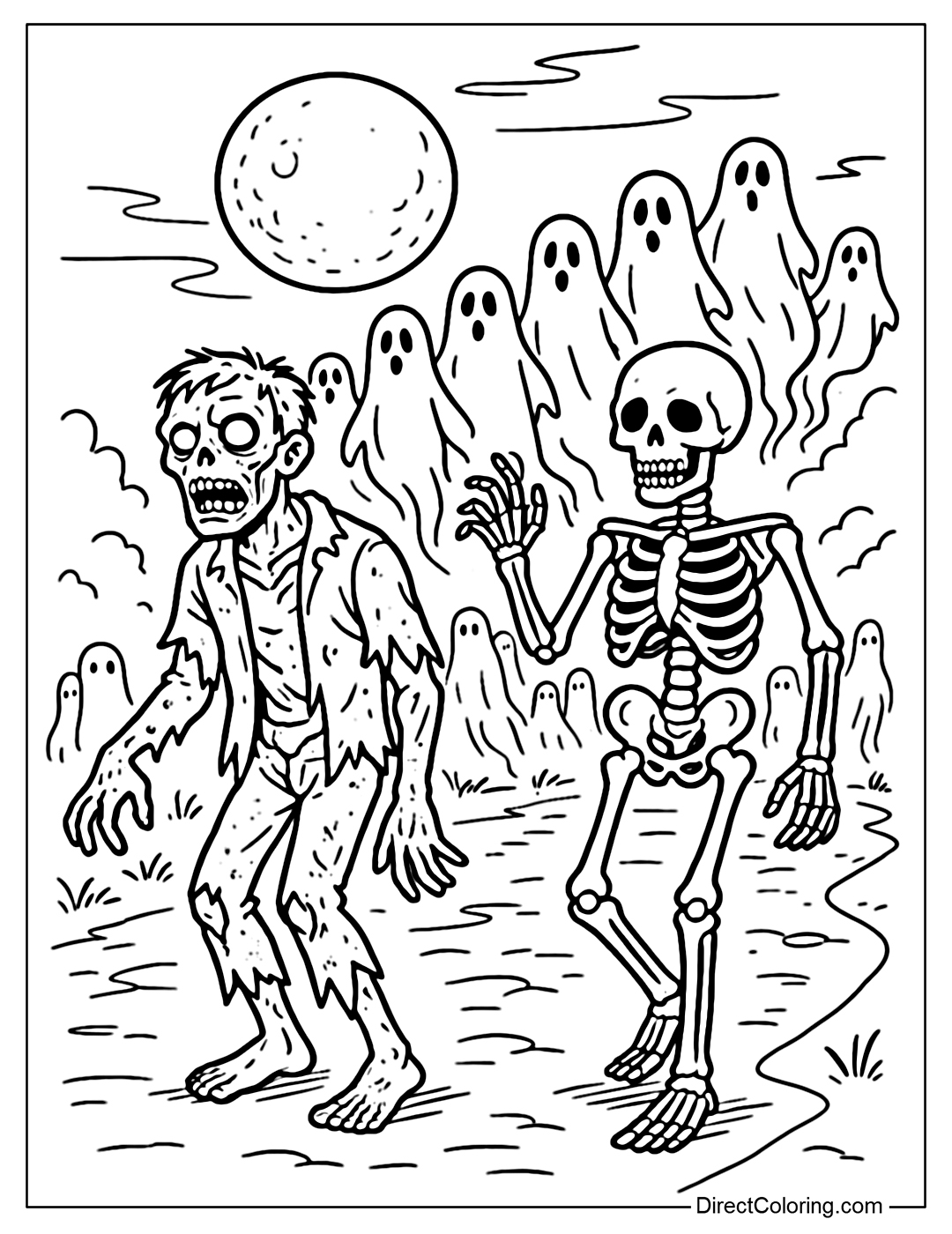 A zombie and skeleton coloring page lead the ghost parade, behind them are long lines of ghosts flying in rows, the background is a moonlit road.