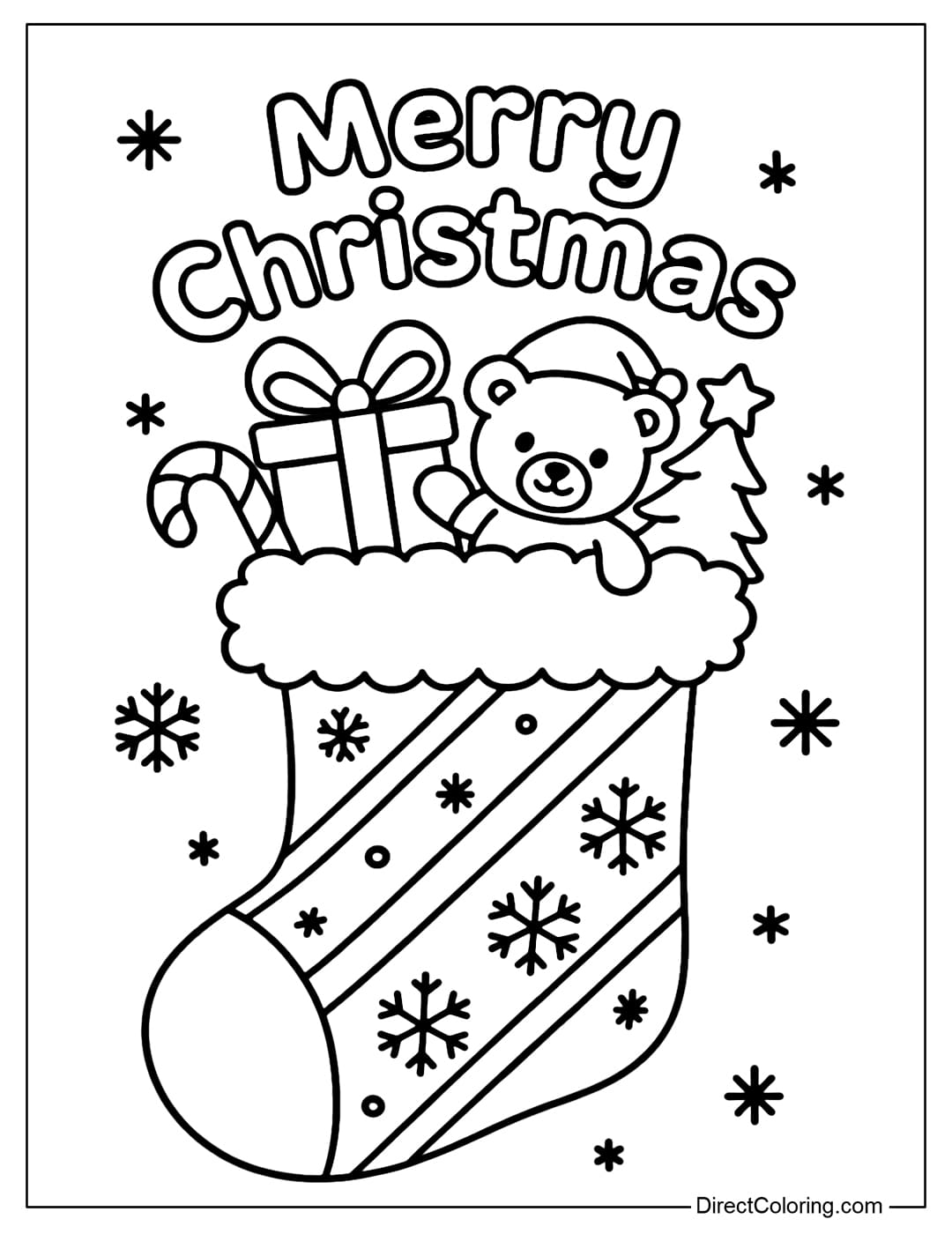 A coloring page of a Christmas stocking with a gift box wrapped in a big bow at the top, a red and white candy cane, a small teddy bear wearing a Santa hat, and a mini tree with a star on top.