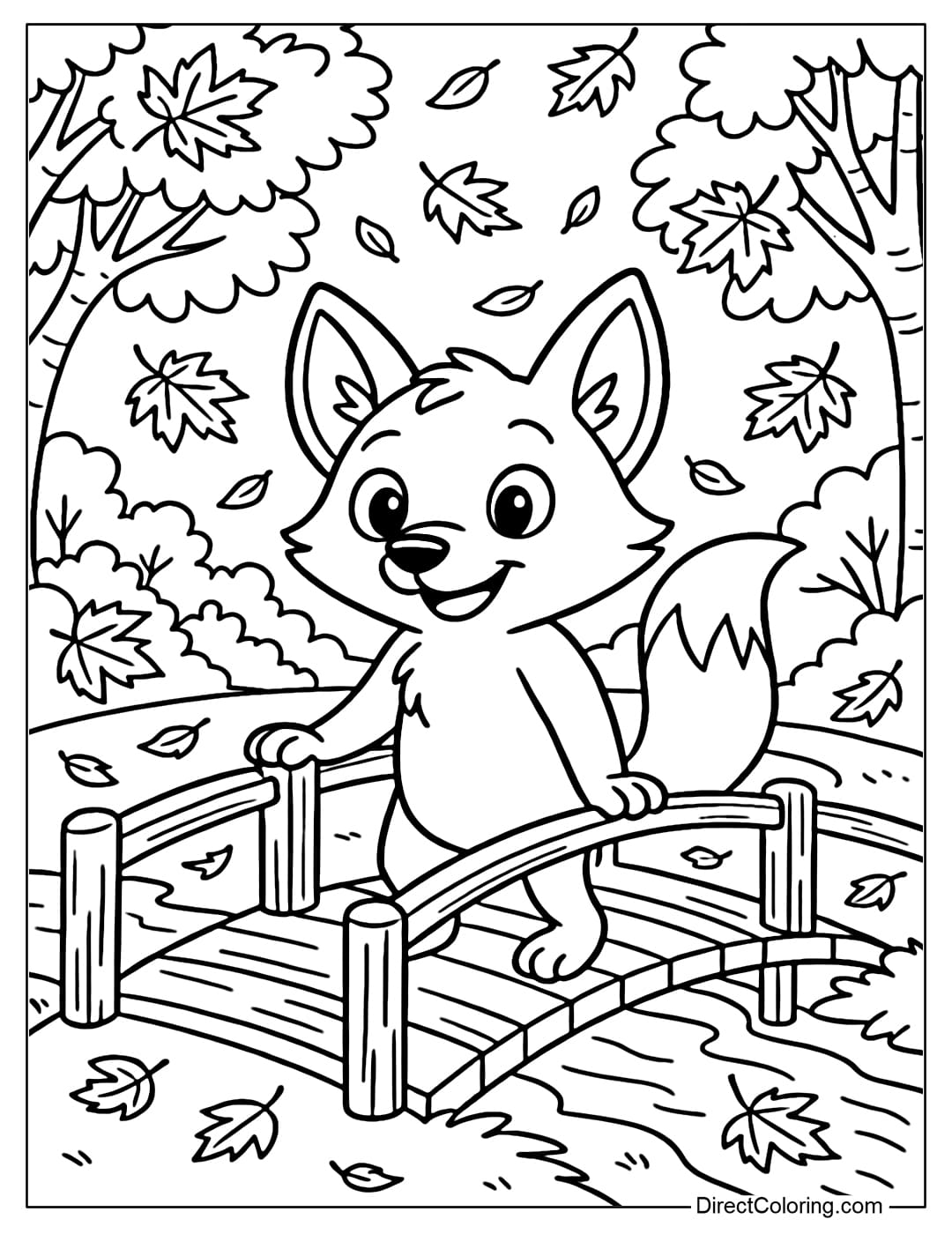 A fox coloring page standing on a small wooden bridge in the middle of a forest of red and yellow leaves, falling leaves flying around, a romantic autumn scene.