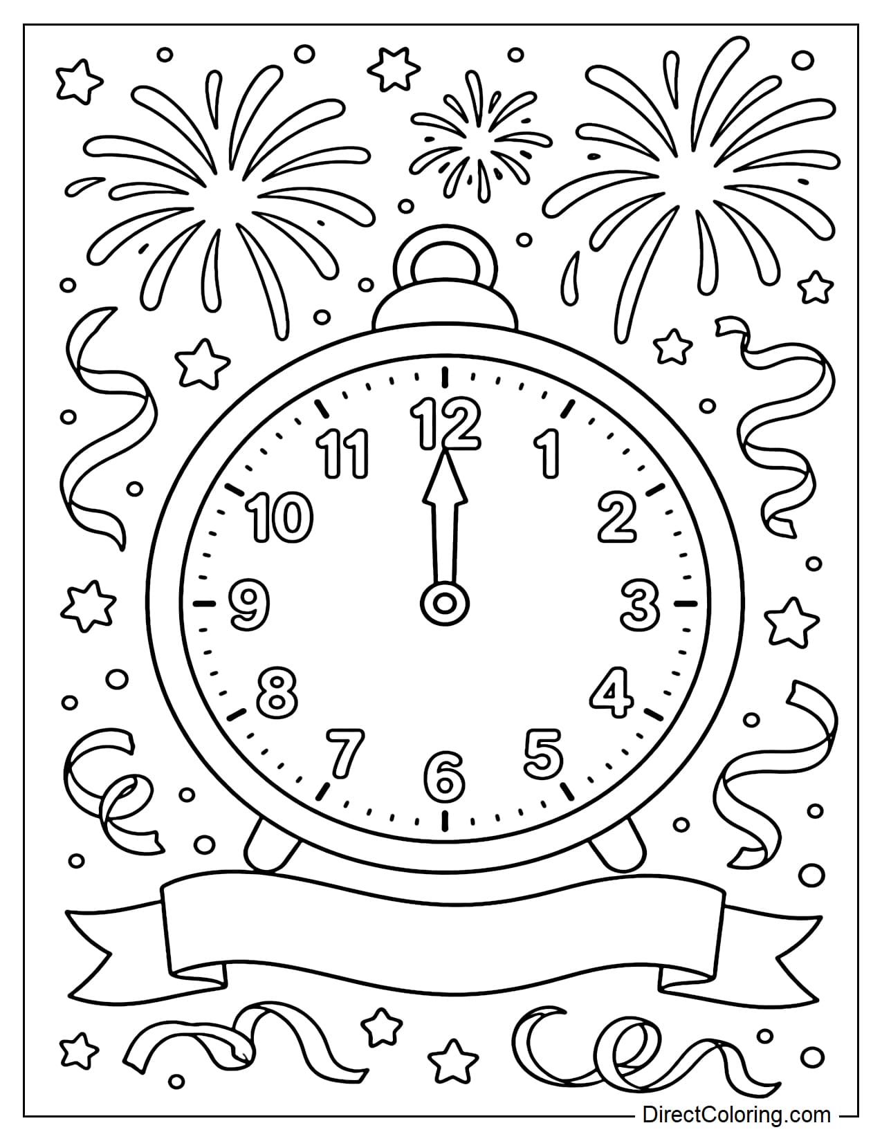 A large clock showing midnight with fireworks exploding in the background, with added stars and festive ribbons.