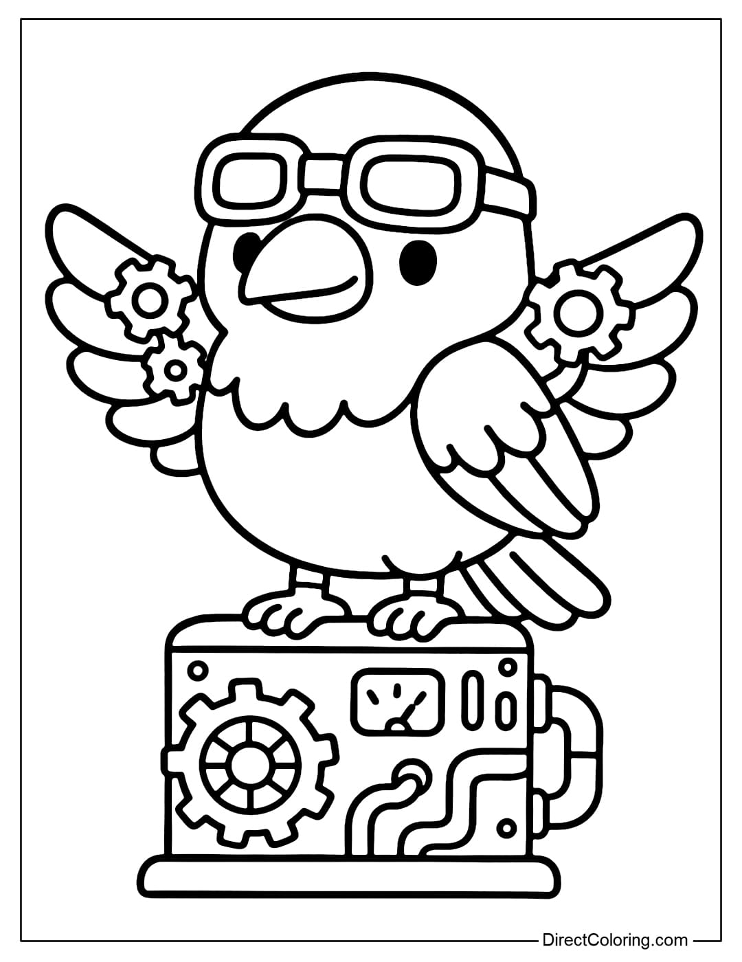 A crow coloring page wearing steampunk goggles, with metal gears on its wings, standing on a classic mechanical platform.