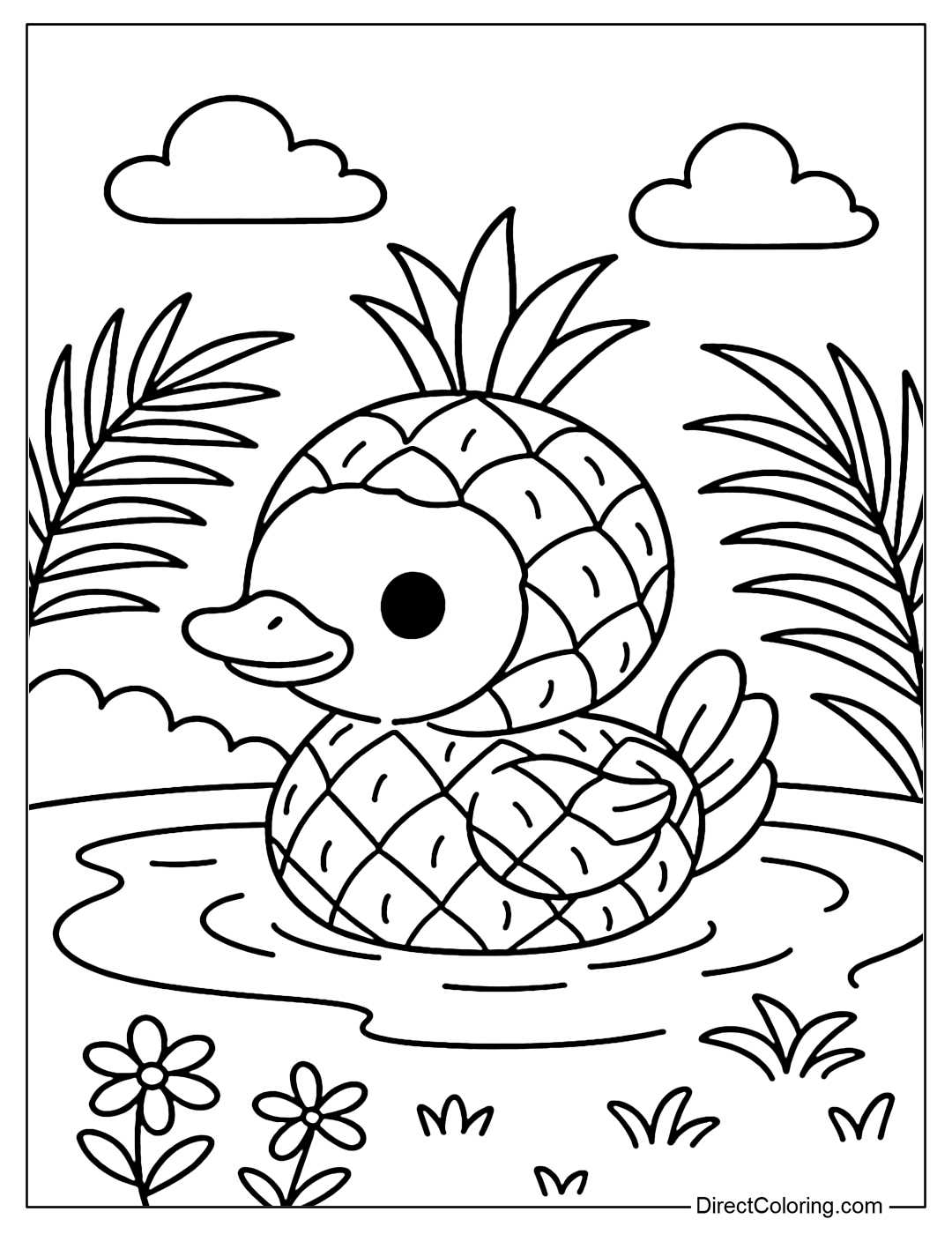 A baby duckling coloring page with a pineapple-like body and a green tip on its head. The background is a small pond and palm leaves.