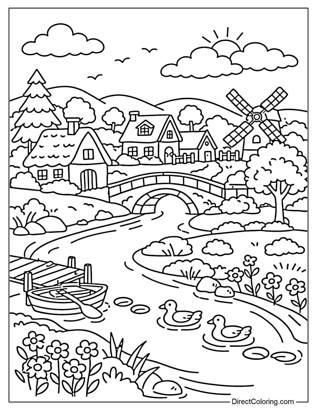 This coloring page shows a village by the river with trees and a few houses in the distance.