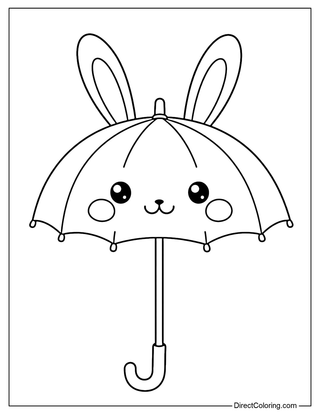 A coloring page of a round umbrella with two soft bunny ears, the umbrella surface decorated with an adorable bunny face and round rosy cheeks.