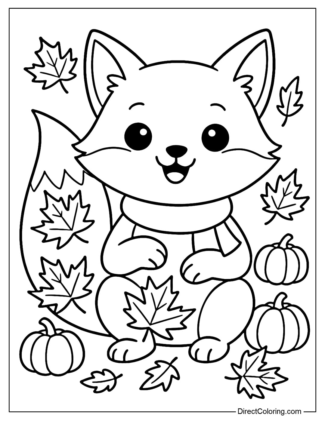 A fox sitting in a pile of fallen maple leaves, its big tail covered with leaves, surrounded by some mini pumpkins.
