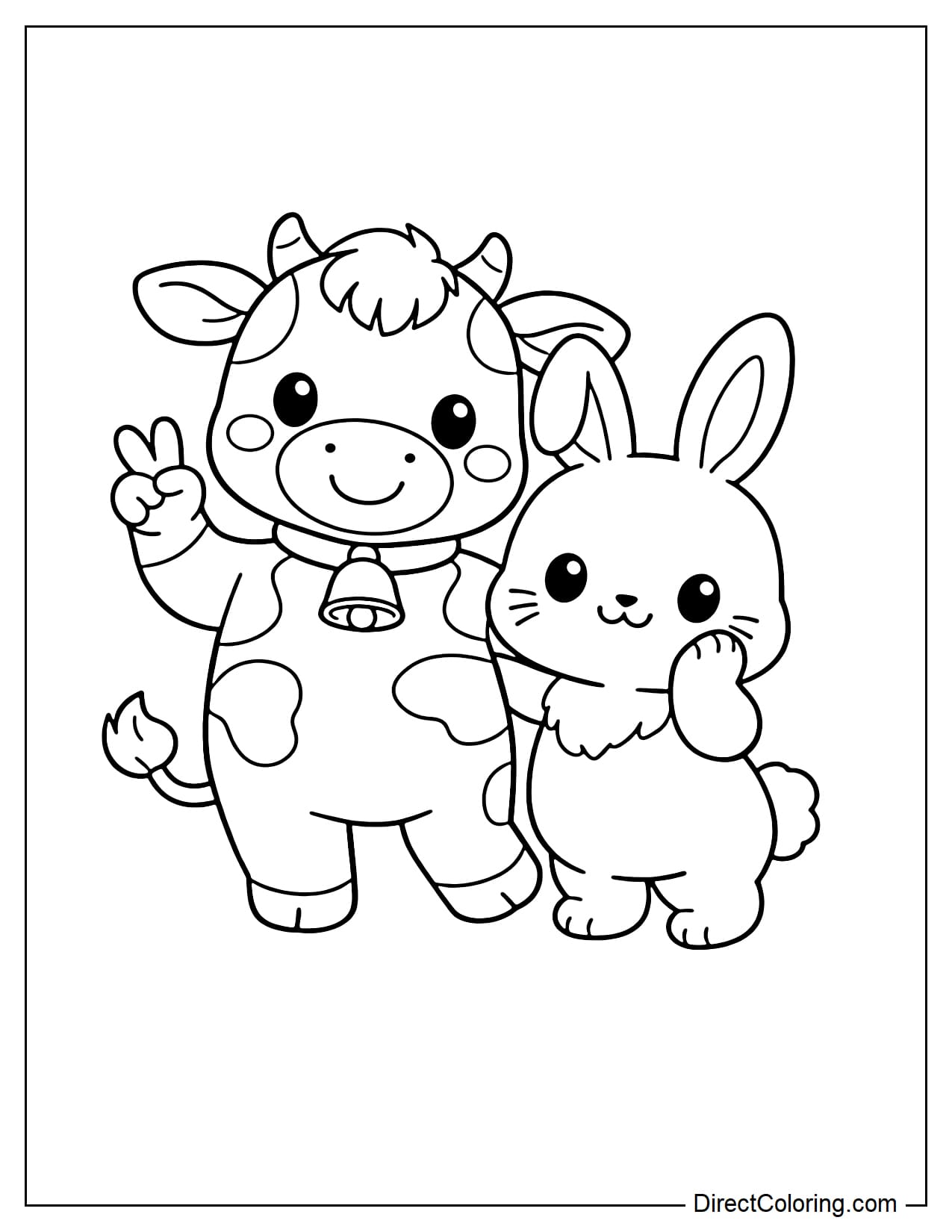 A cow is standing next to a cute bunny, both posing in a friendly and intimate way.