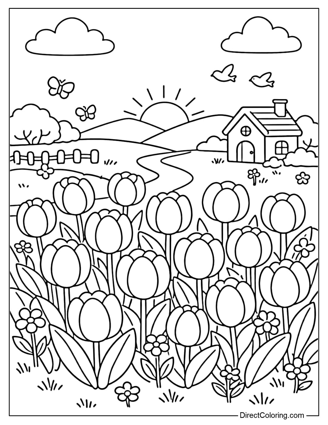 A coloring page of a cute tulip garden with round, peaceful, and warm flowers.