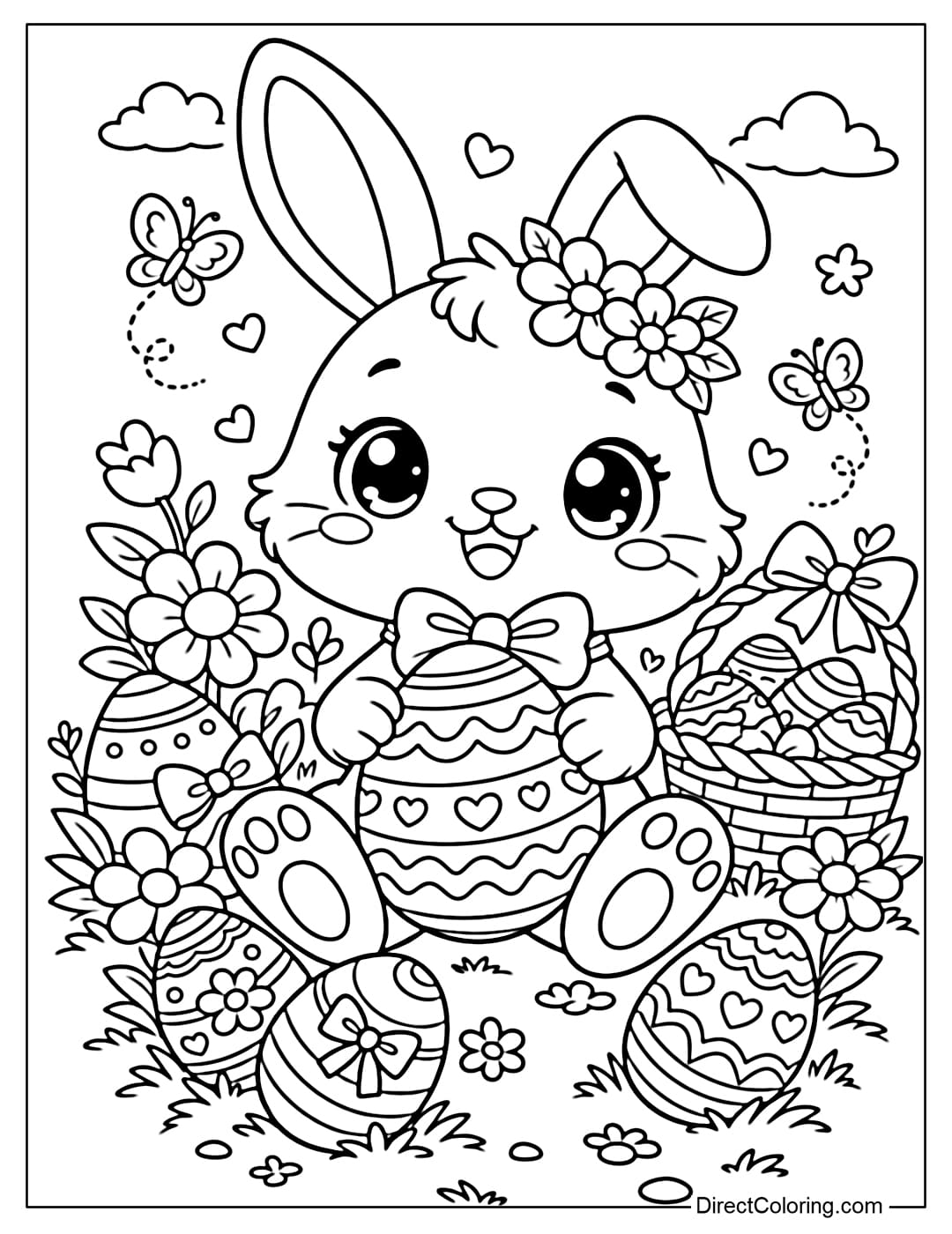 A kawaii Easter bunny coloring page with big round eyes and a cute expression.