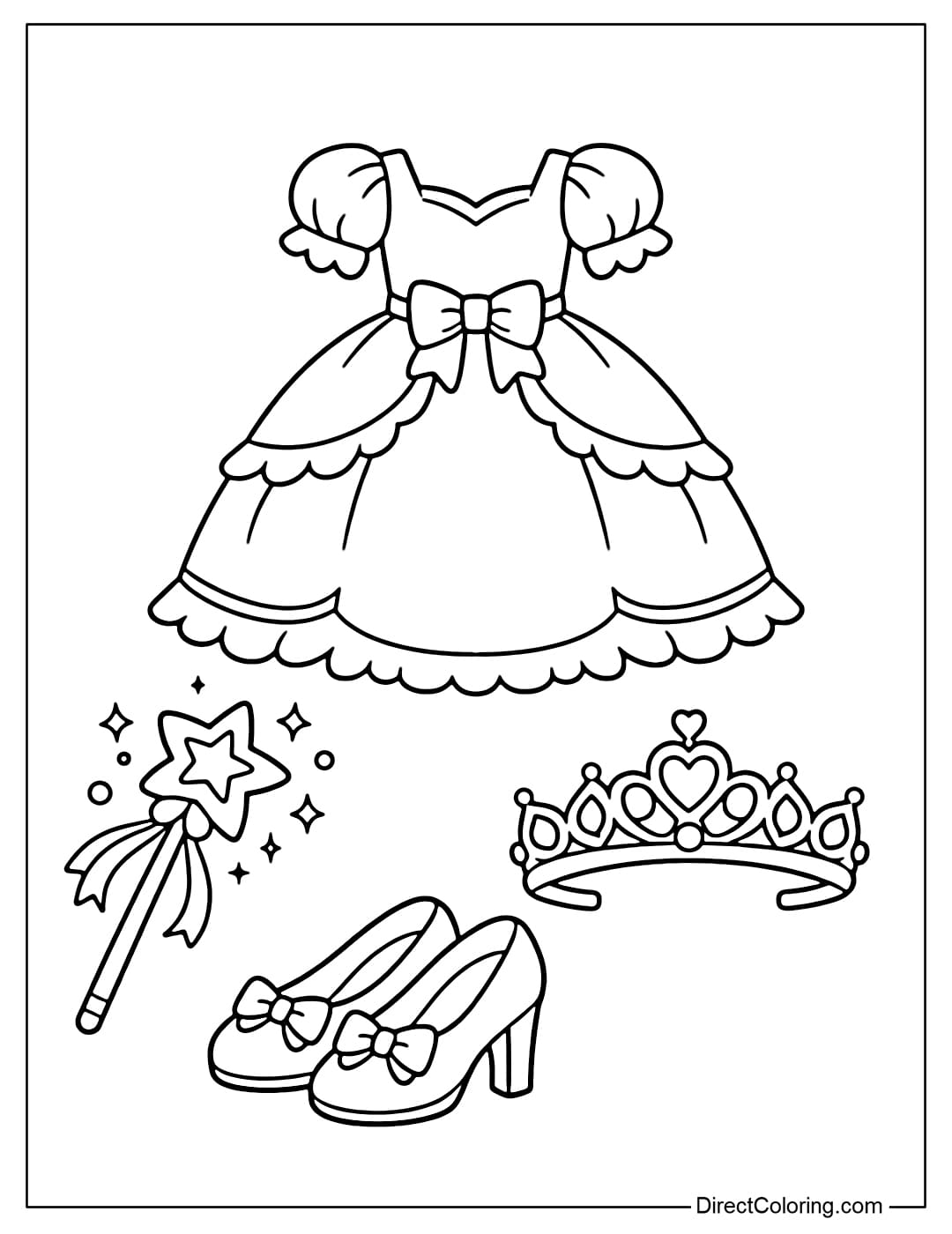 Coloring page of a collection including a princess dress, wand, crown, and shoes.