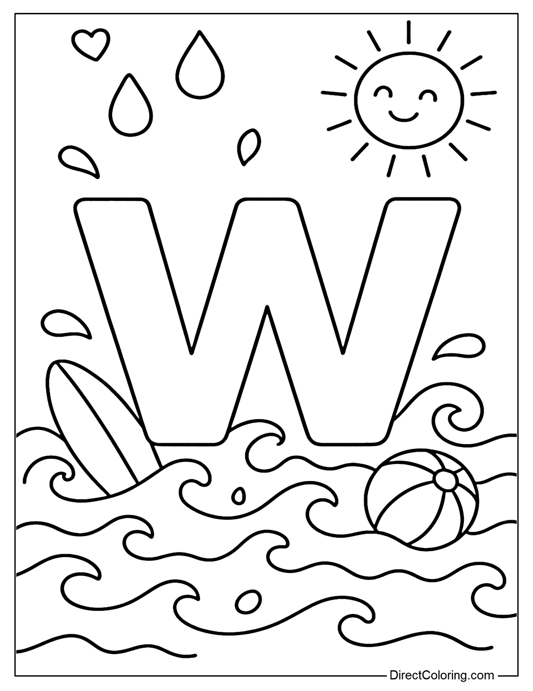 The letter W coloring page is surrounded by soft waves, with water slides, water balloons, and heart-shaped water droplets. The sun is smiling brightly in the distance.