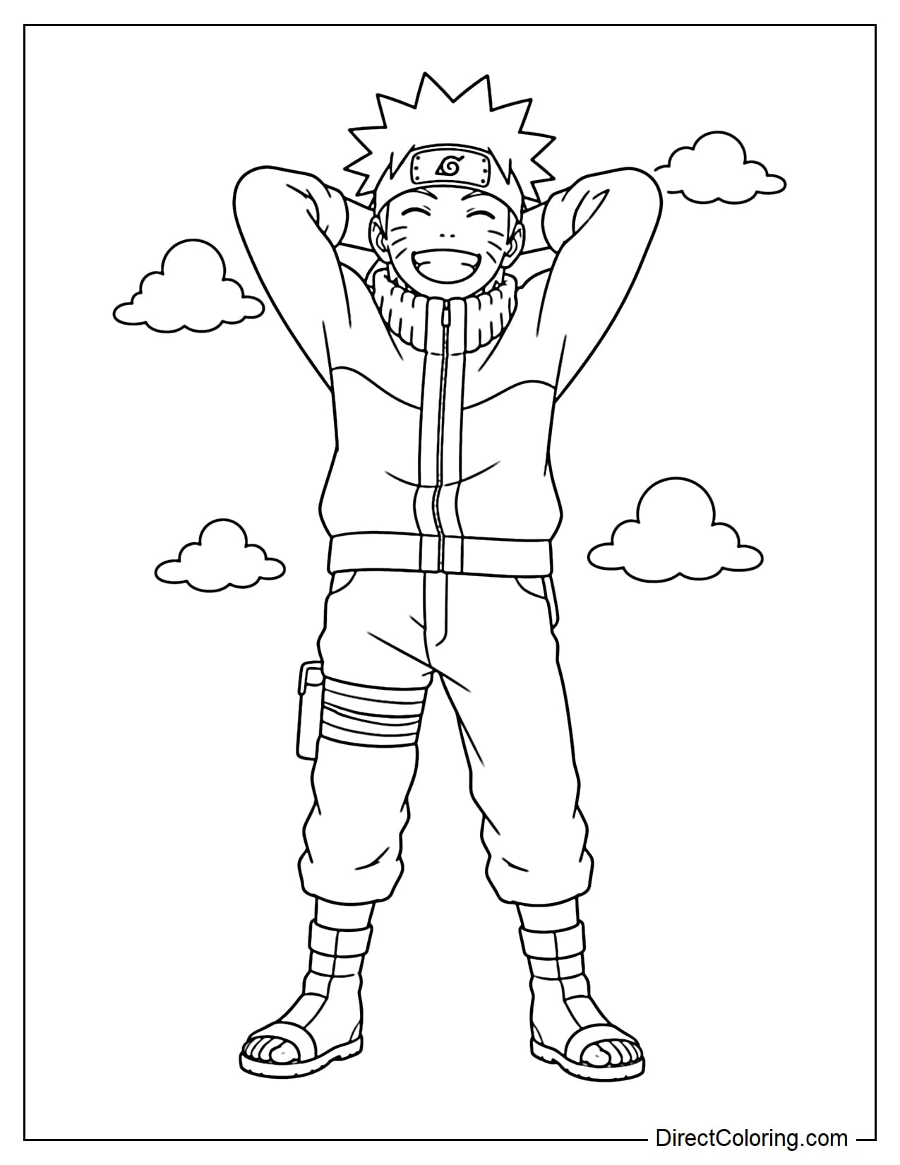 Naruto is laughing loudly, hands behind his head, in a relaxed and confident pose, with small clouds behind him.
