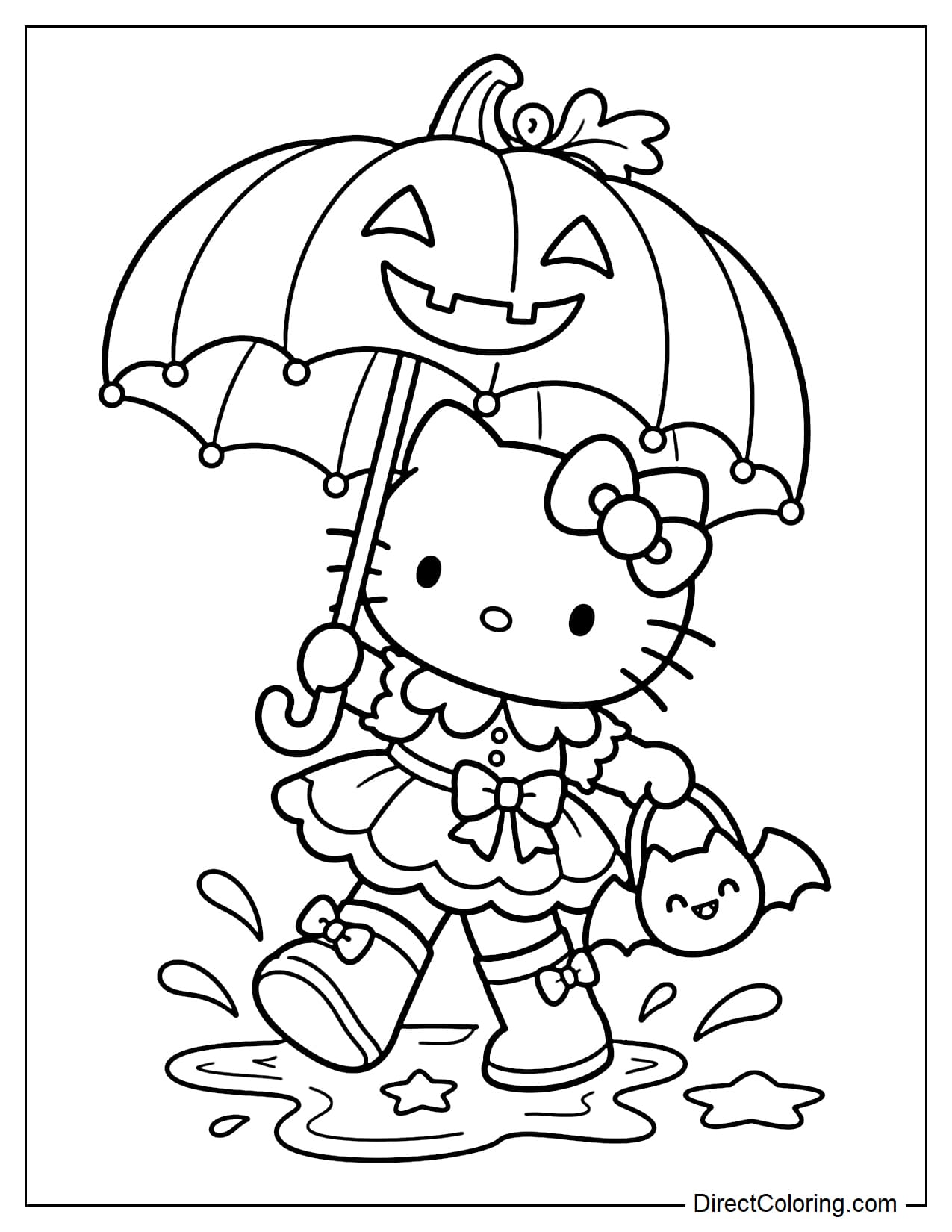 Hello Kitty wears a Halloween dress and large boots while carrying an umbrella shaped like a smiling Jack-o'-lantern. She steps through a star-shaped puddle while holding a bat-shaped candy bag in her other hand. Two maple leaves flutter nearby.