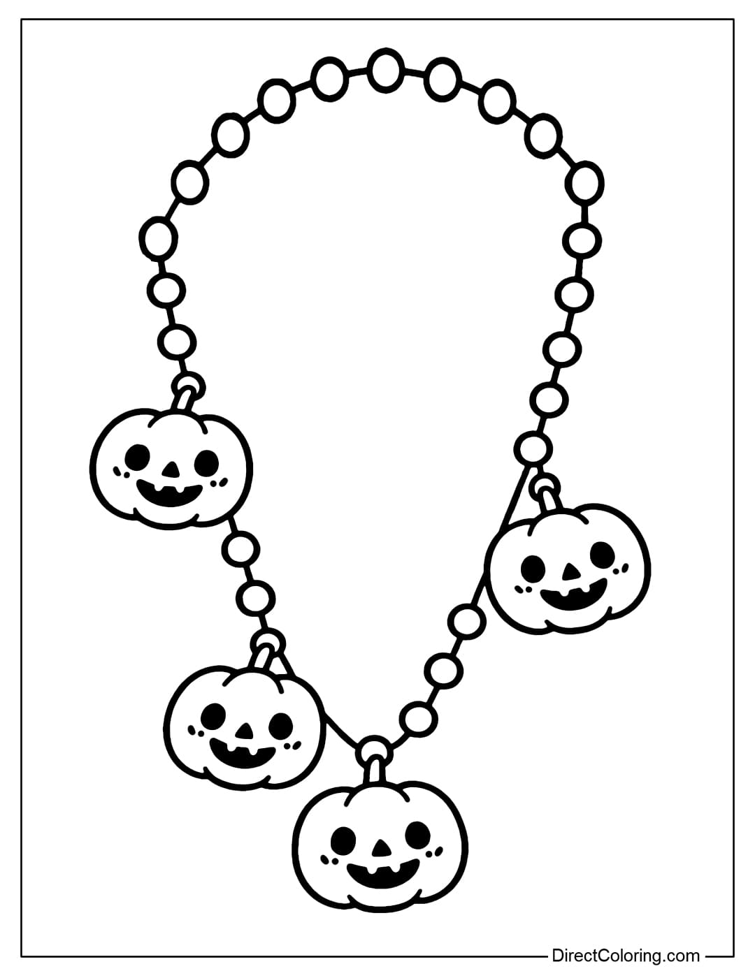 Halloween necklace coloring page with small Jack-o-Lantern pumpkin pendants arranged in a chain.