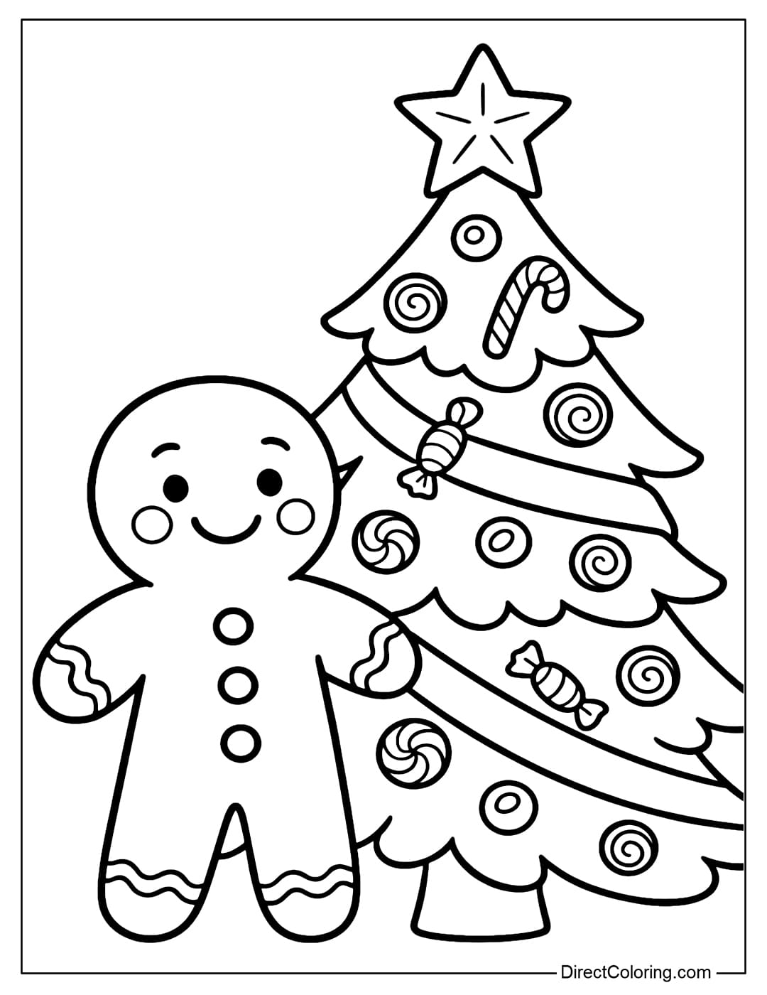 Coloring page of a gingerbread man standing next to a large pine tree decorated with candy and ribbons.