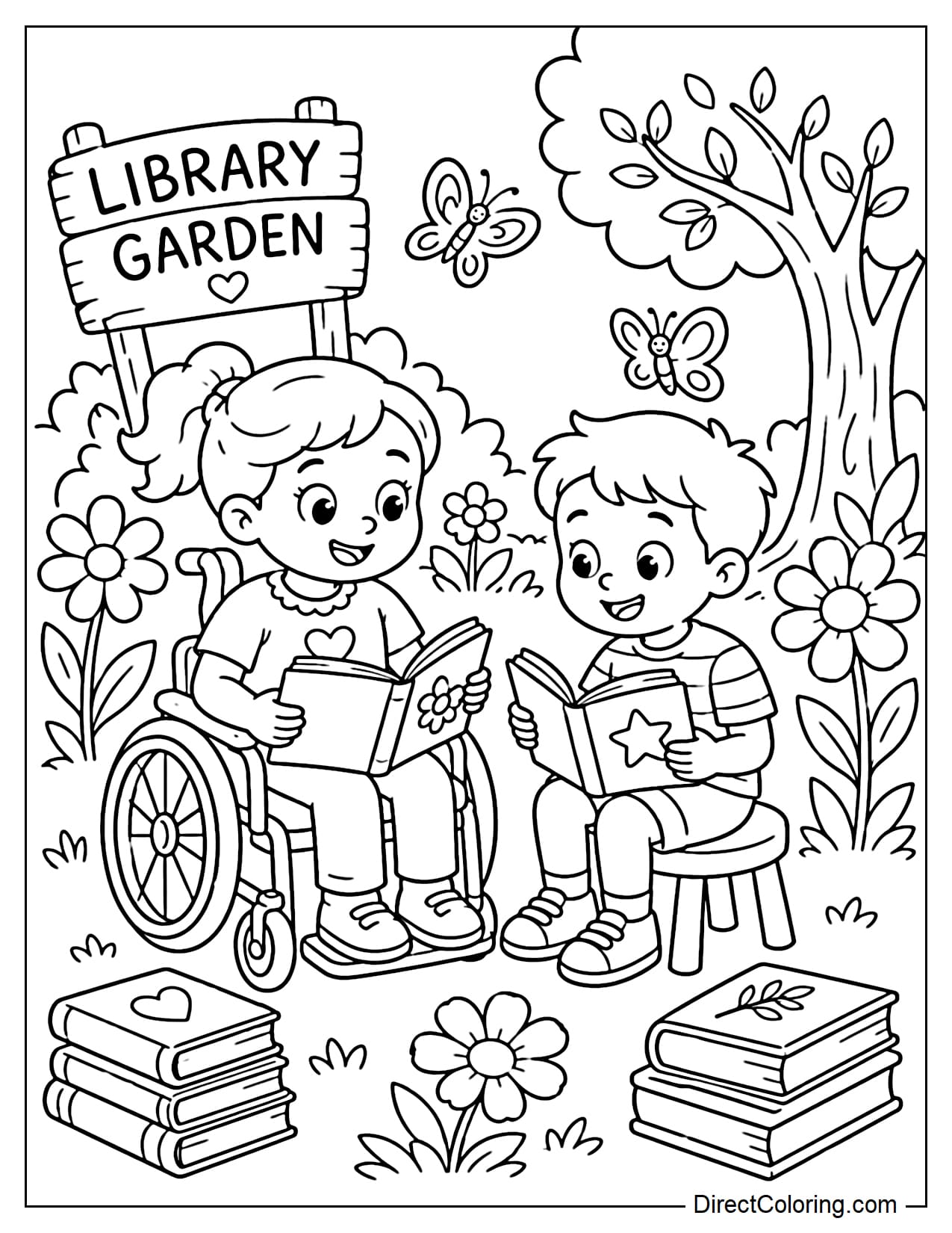 Two friends are reading in a summer library garden, one in a wheelchair and the other in a low chair, surrounded by large flowers, butterflies, and stacks of small books.