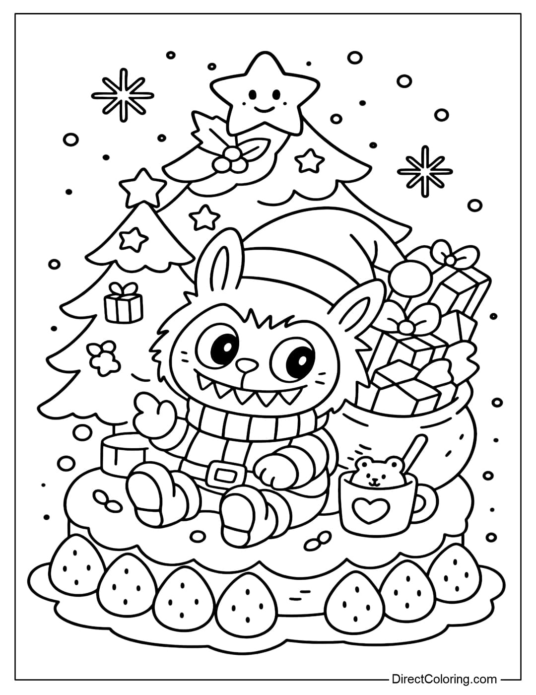 Coloring page of Labubu sitting on a giant strawberry decorated cake, surrounded by a Christmas tree, gifts and falling snow.