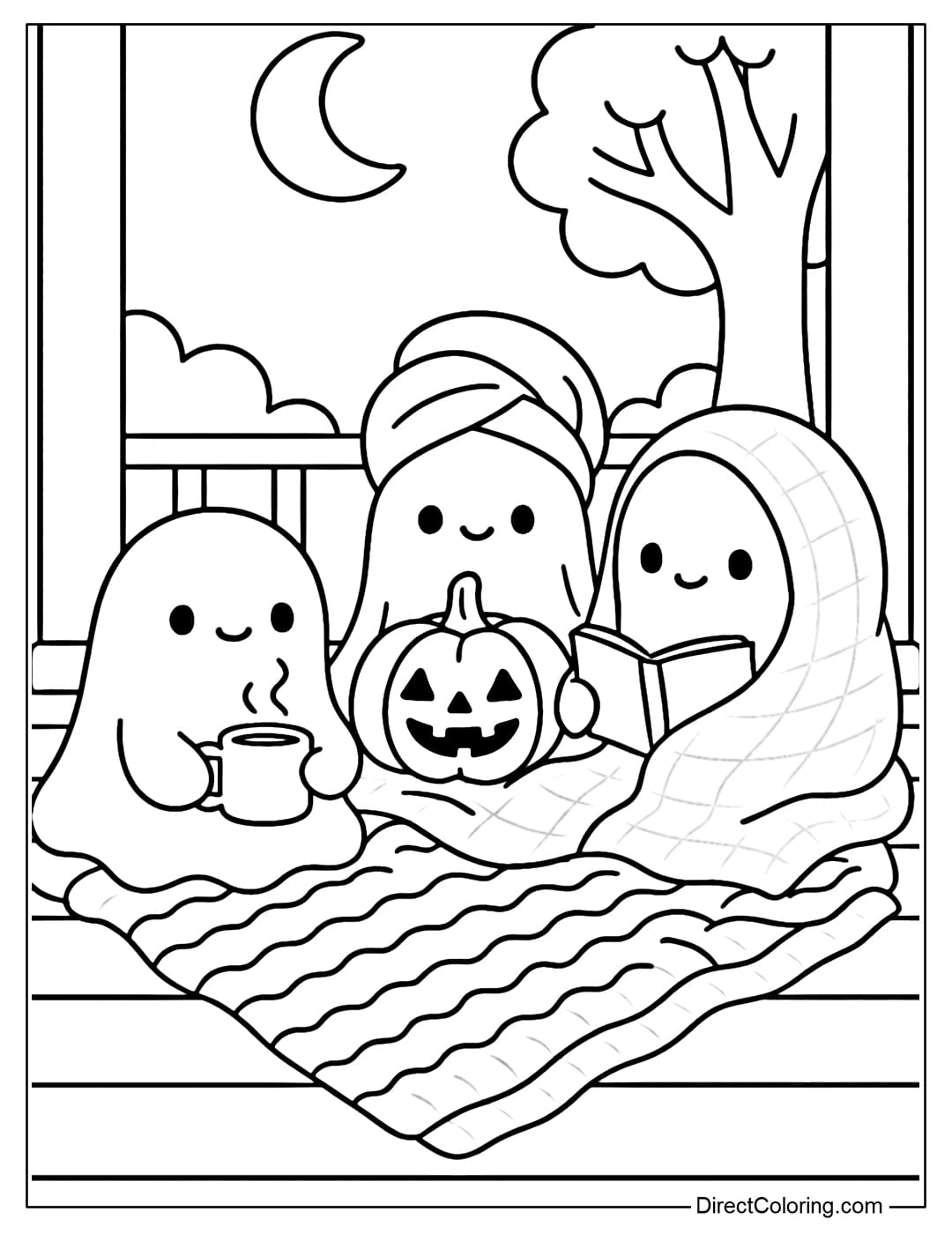 Coloring page of a group of ghosts sitting on the porch with a pumpkin lantern, a cup of cocoa, and a woolen blanket.