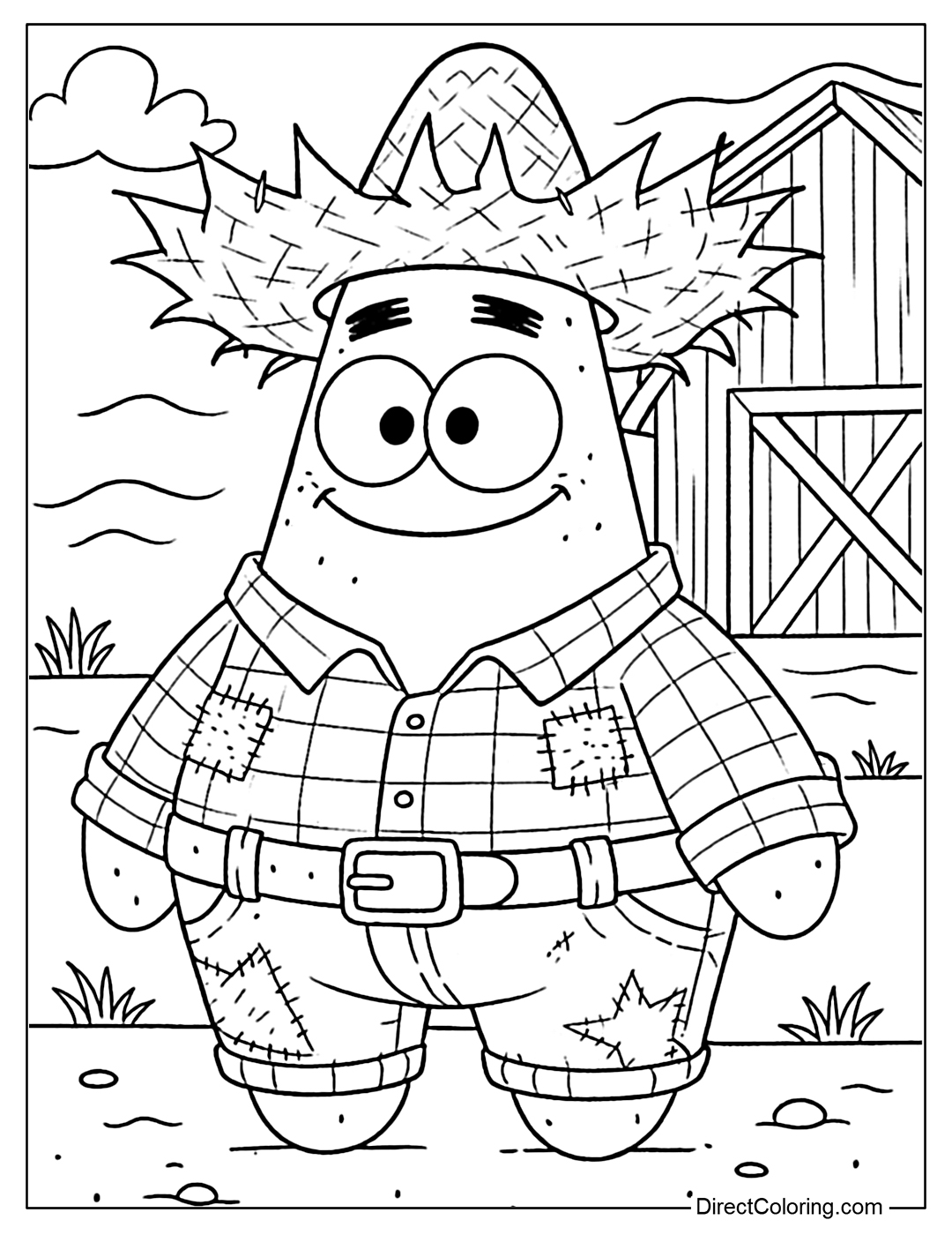 Coloring Page of Patrick wears a straw hat and colorful patchwork overalls, looking like a cheerful little farmer.