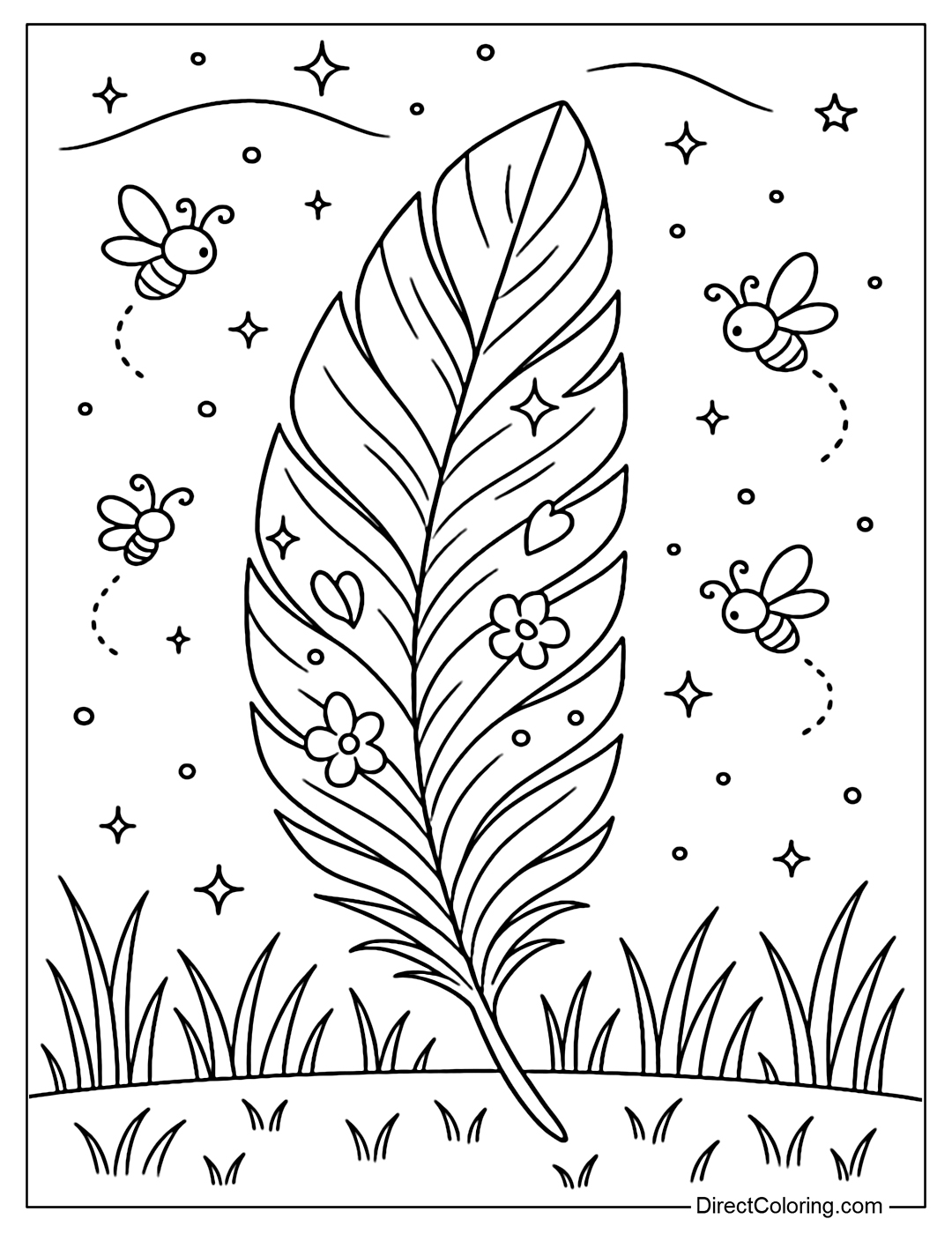 Feather coloring page has fireflies flying around, the background is a night meadow.