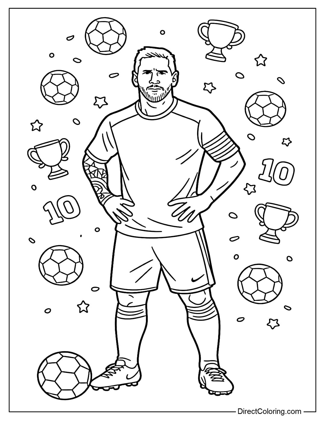 Coloring page of Lionel Messi with small icons such as a ball, a trophy, and the number 10.