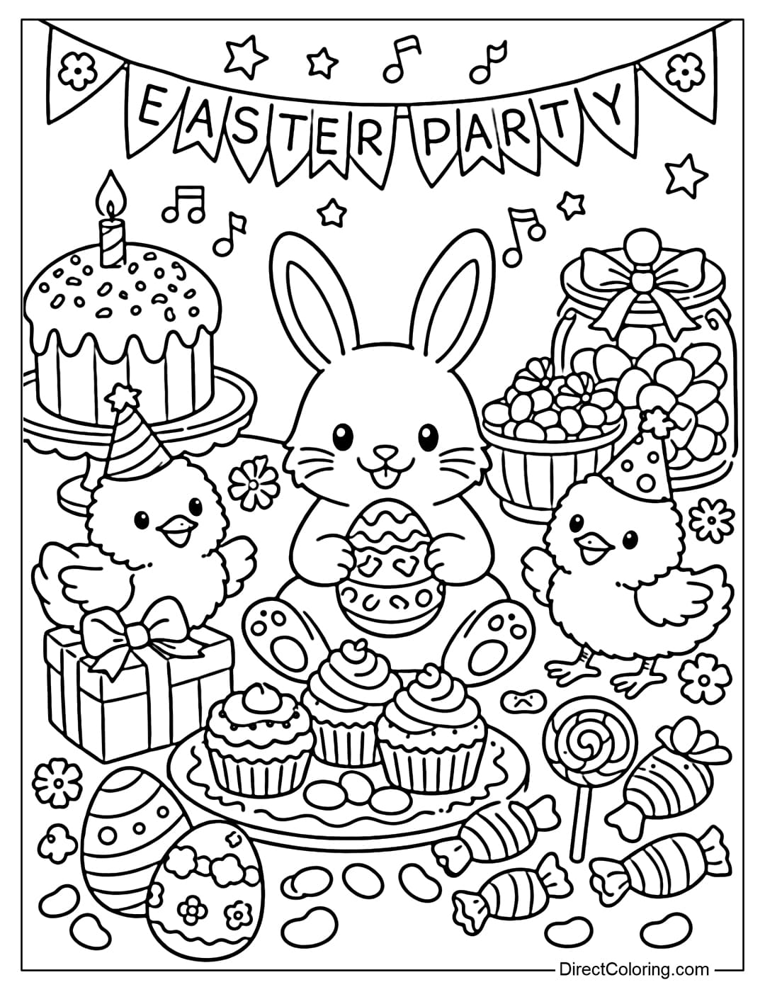 An Easter party coloring page featuring bunnies, chicks, and candy decorations.