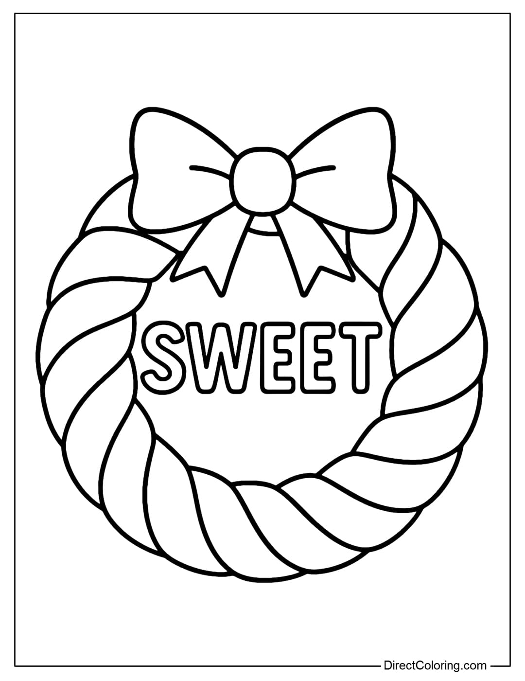 Candy Ribbon Wreath Coloring Page A laurel wreath coloring page in the form of twisted candy, ribbons interwoven in a circle, with the word SWEET in the middle.