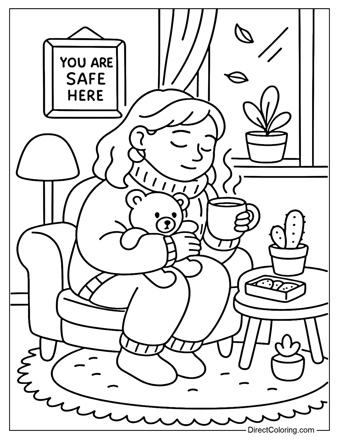 A coloring page of a girl sitting curled up on the sofa in a small living room, hugging her favorite teddy bear and sipping a cup of hot tea.