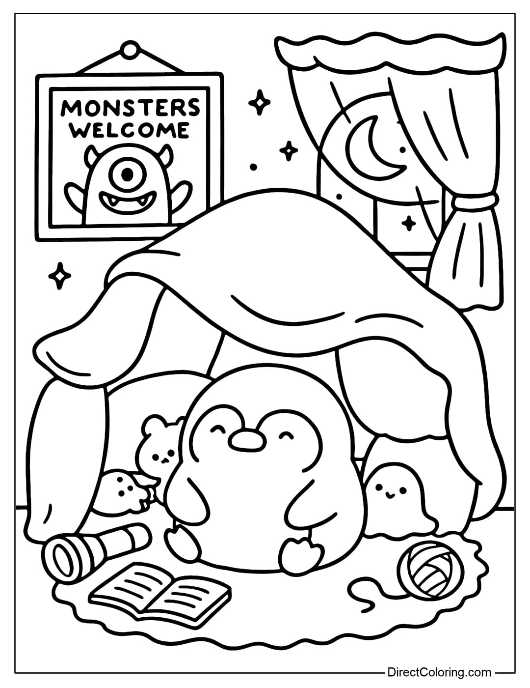 A chubby penguin is building a fort of pillows, blankets, and folding chairs to form a mini ghost cave in a Halloween bedroom.
