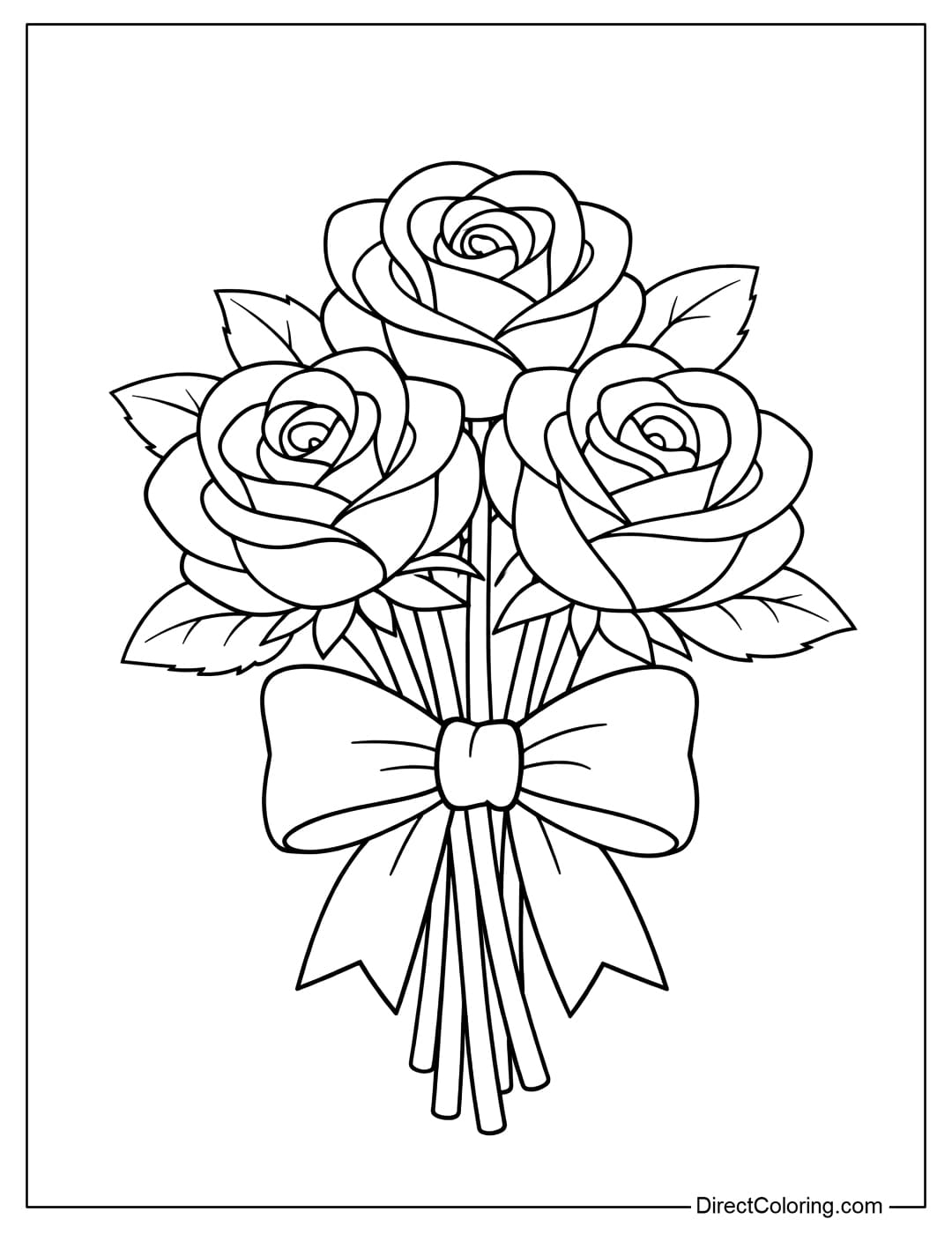 A coloring page of a bouquet of three roses tied with a large, simple bow.