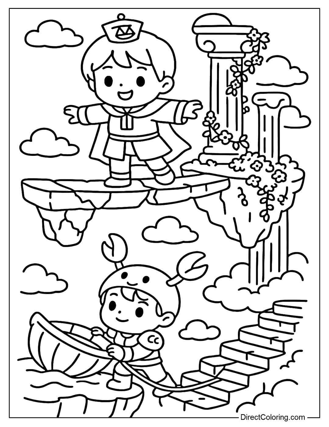 a Coloring Page Libra is balancing on a cracked stone bridge. Cancer is pulling a clam boat over the stone steps. Scenery of floating ruins in the sky, flying islands, waterfalls, climbing flowers.