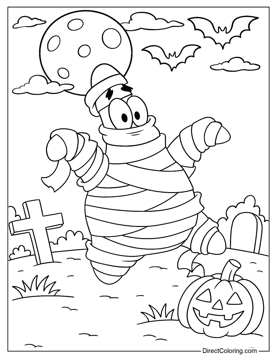 Coloring Page of Patrick Star is dressed as a mummy, walking through a spooky graveyard under a full moon with flying bats and a carved pumpkin nearby.