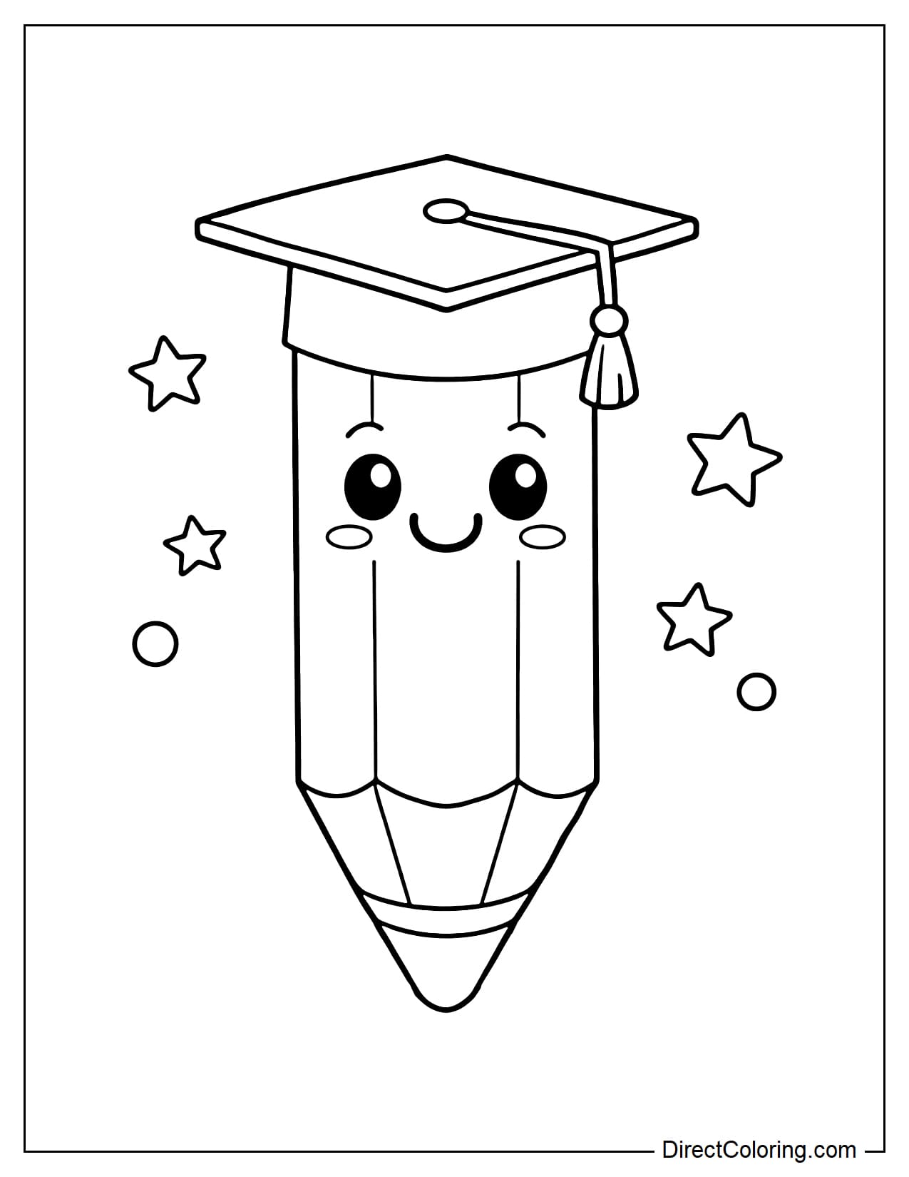 A cute pencil with a smiley face, wearing a graduation cap.