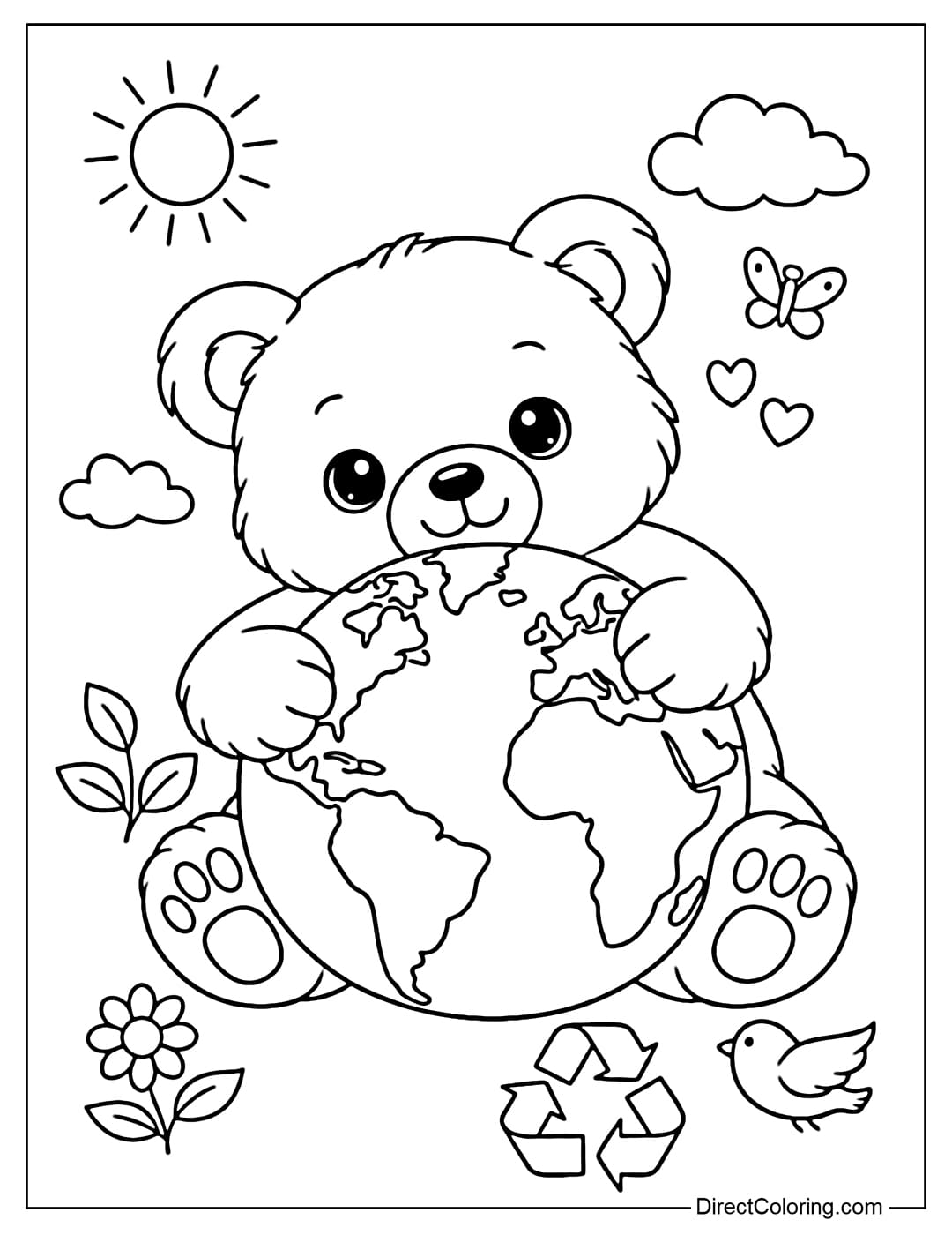 Coloring page of a cute teddy bear hugging the Earth.