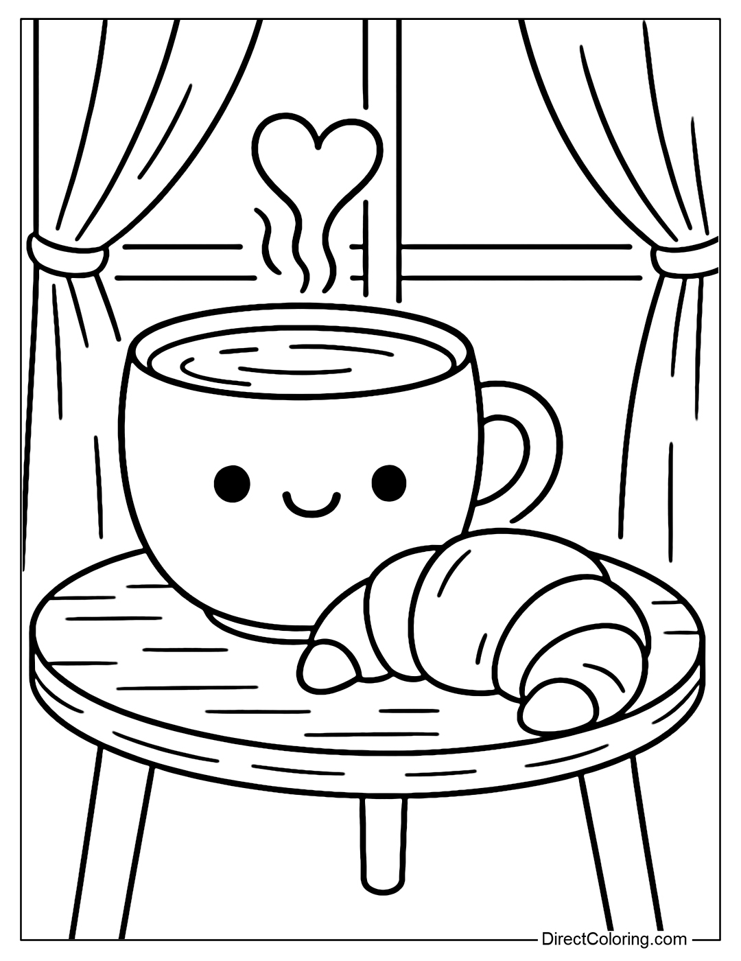 A kawaii coffee cup coloring page next to a crispy croissant, steam rising in the shape of a heart, a coffee table near the window with a gentle curtain.
