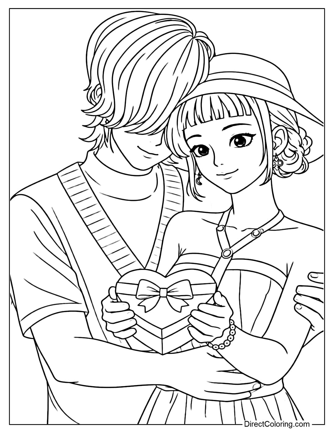 Kpop Demon Hunters coloring page: Zoey and Mystery stand intimately close together, holding a heart-shaped gift box tied with a ribbon.