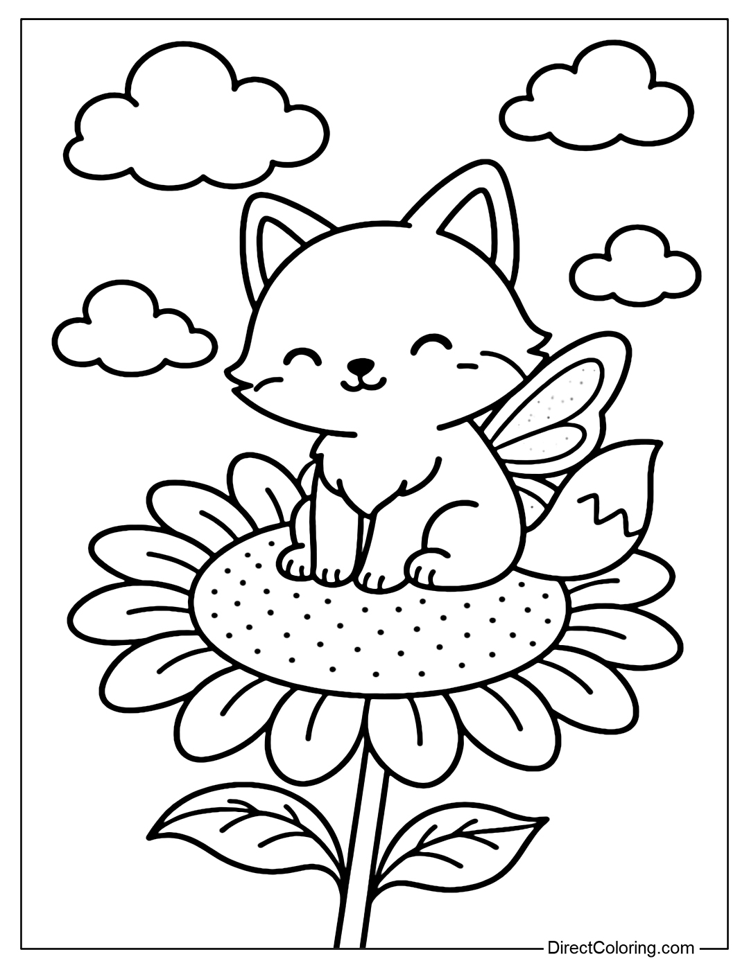 A little fox coloring page with transparent fairy wings, sitting on a giant sunflower, behind it is a summer sky with fluffy clouds.