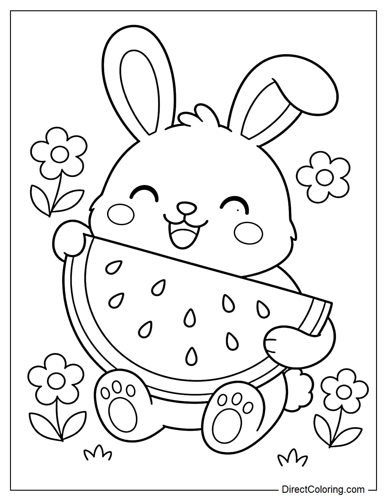A little bunny hugging a giant slice of watermelon with a happy expression, surrounded by some flowers.