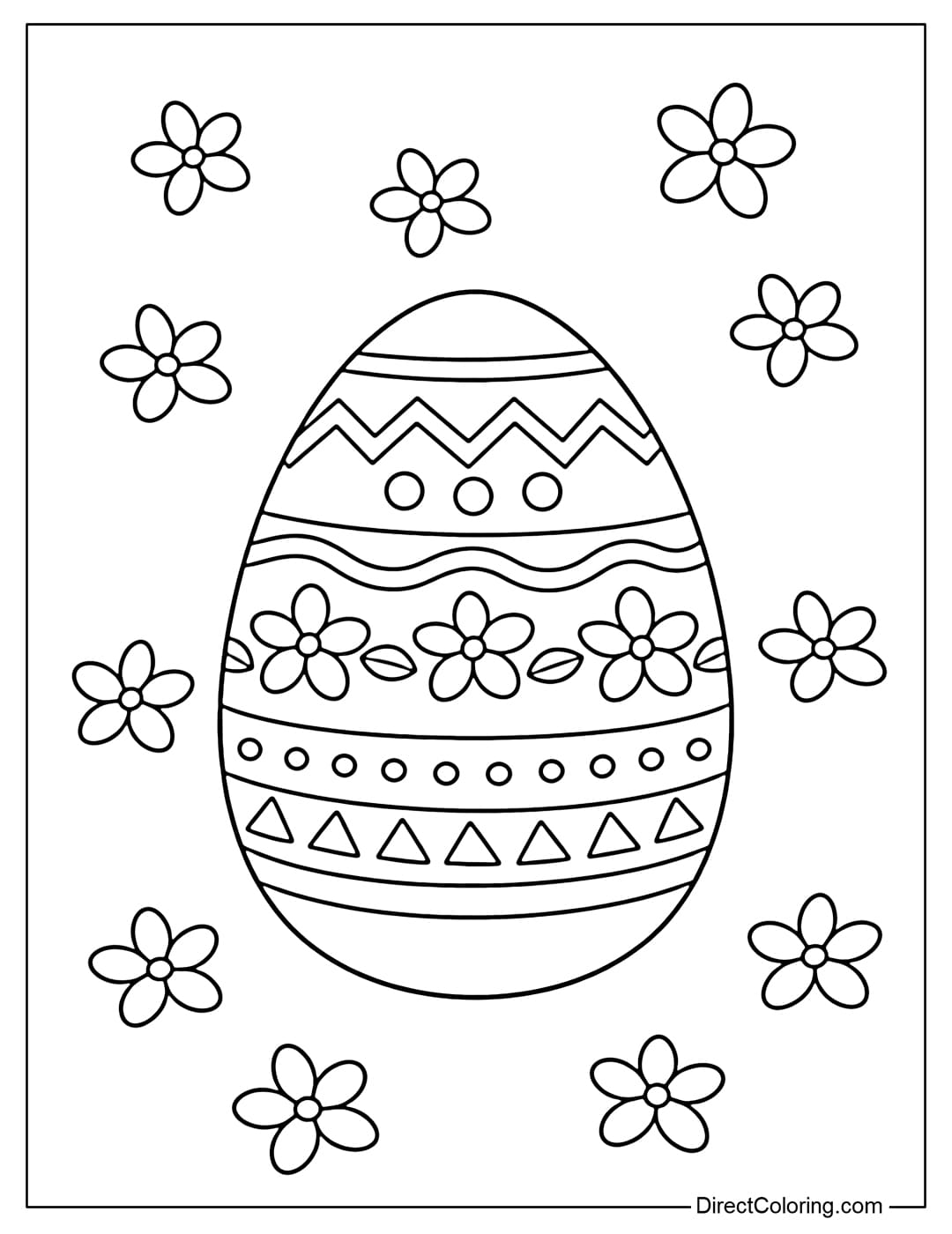 A coloring page featuring a large Easter egg in the center, surrounded by five-petaled flowers.