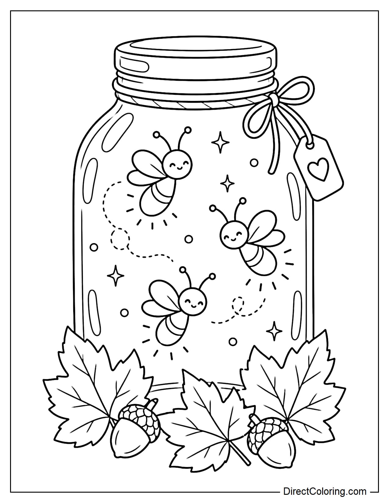 A large glass jar holds a few fireflies flying inside, with three large maple leaves and two acorns resting at the base of the jar.