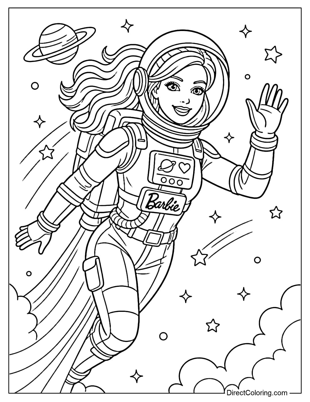 A coloring page of Barbie dressed as an astronaut flying in space.